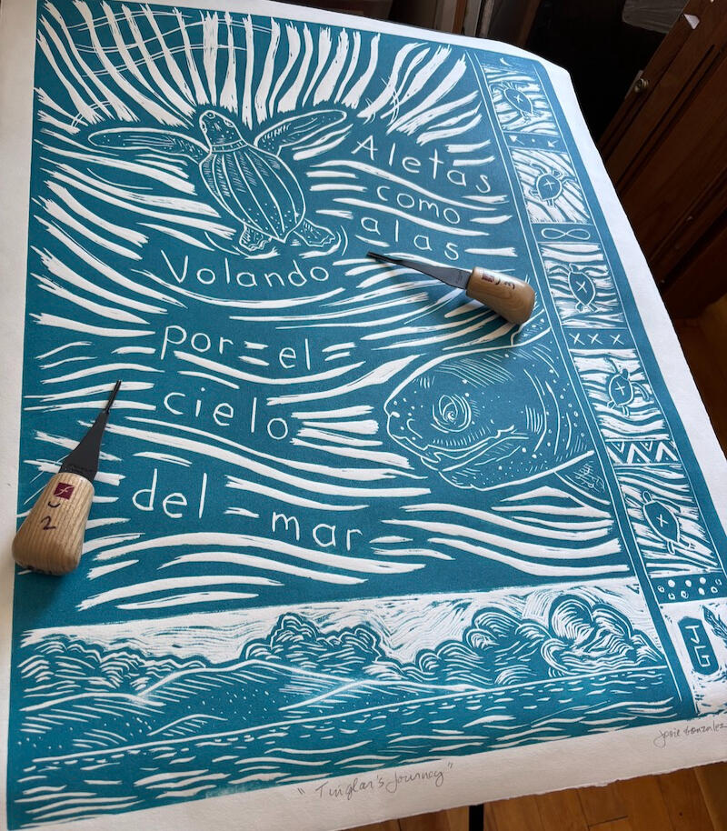 Detailed view of linoleum printmaking texture with tools by artist Josie Gonzalez