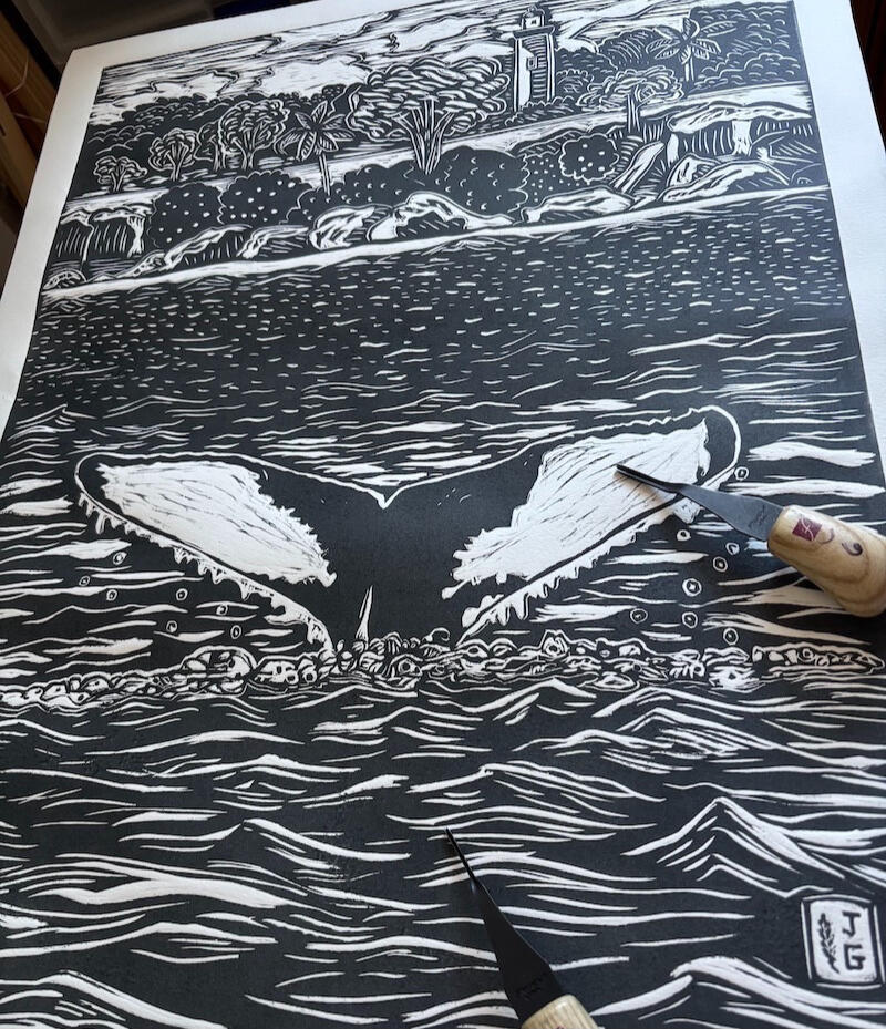 Detailed view of linoleum printmaking texture with tools by artist Josie Gonzalez